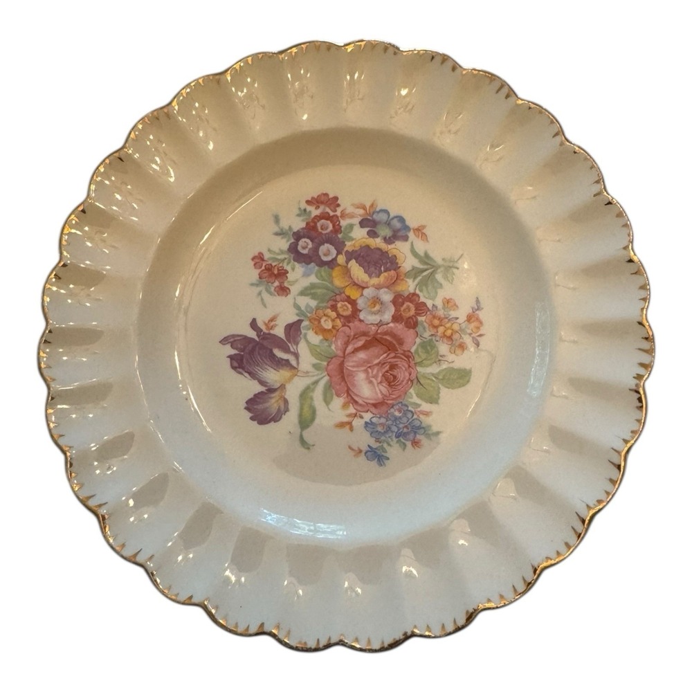 Vintage Leigh Ware Leigh Potters USA 22K Gold Trim Floral Dessert Plate 6.25"